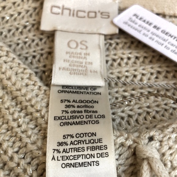 Chicos Lightweight Metallic Knit Fringed Poncho Neutral Color Gold Women OS NWT - Picture 13 of 17